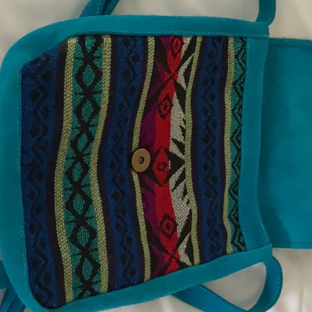 Vintage Teal/Blue Crossbody Suede Purse In Colorful BOHO Hippie Pattern - Picture 5 of 6